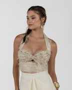 Chic Beige Silk Duchesse Top with Feathers
