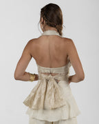 Chic Beige Silk Duchesse Top with Feathers