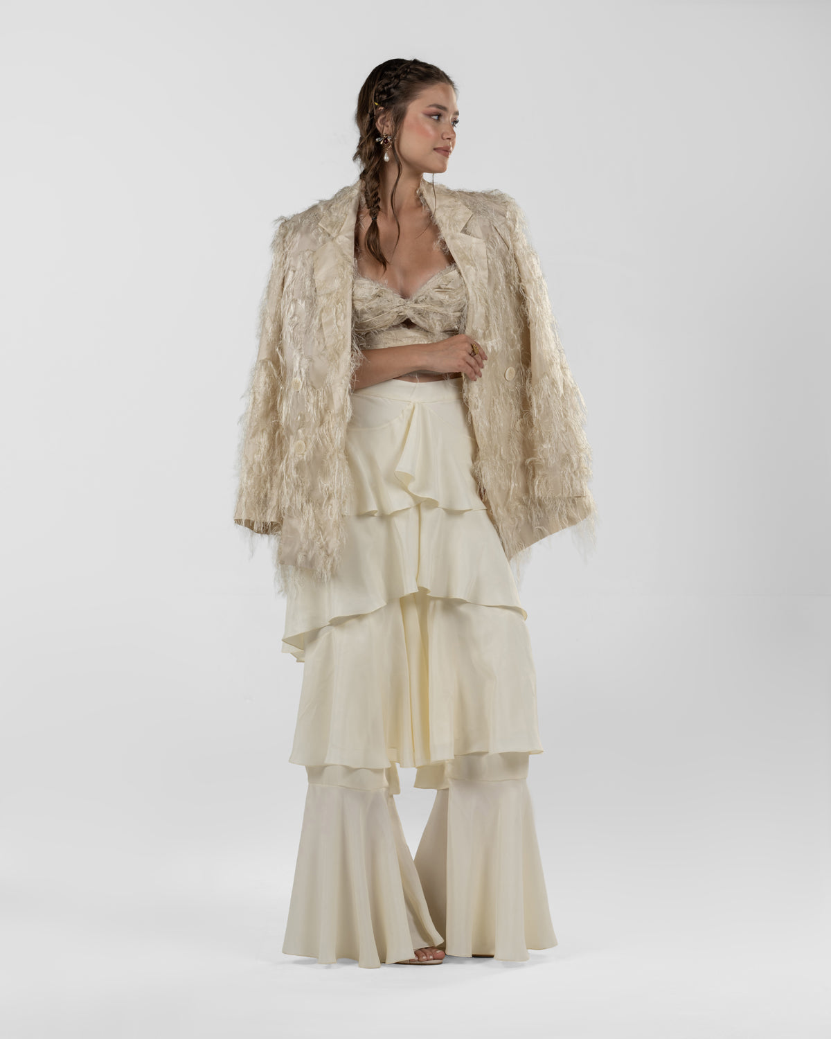 Chic Off-White Silk Ruffled Wide-Leg Pants