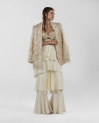 Chic Beige Silk Duchesse Top with Feathers