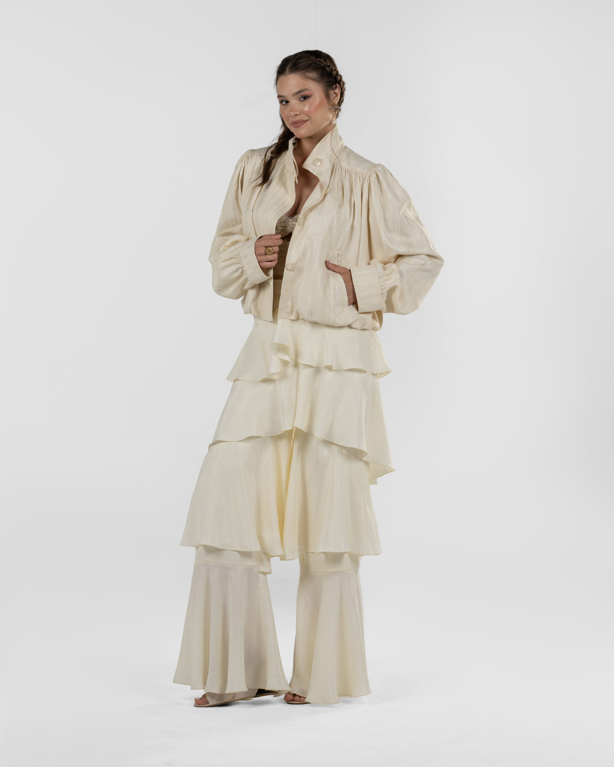 Chic Off-White Silk Ruffled Wide-Leg Pants