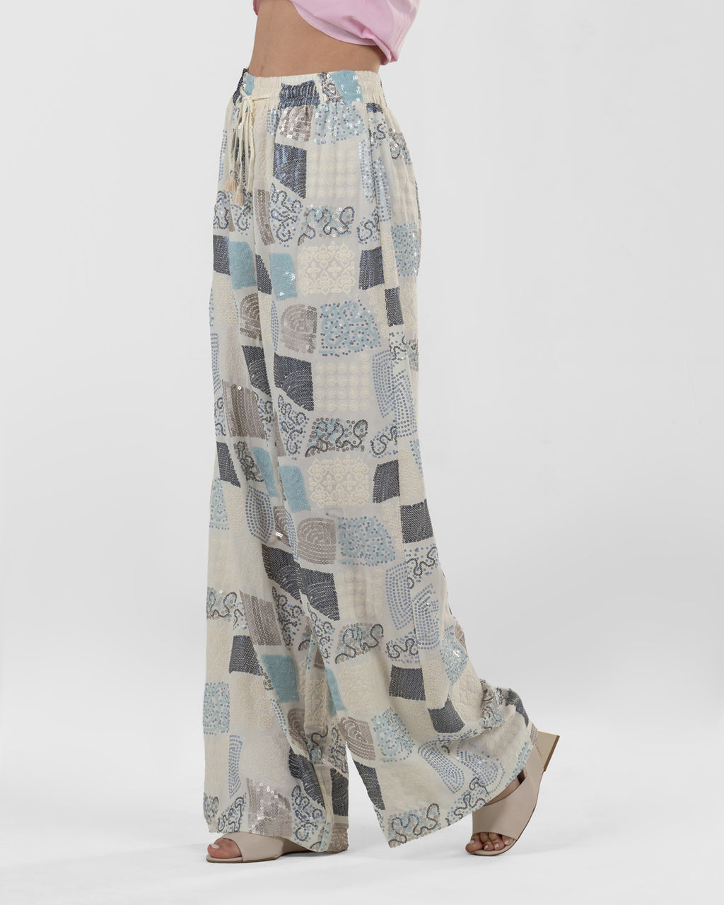 Playful Off-White Printed Wide-Leg Pants