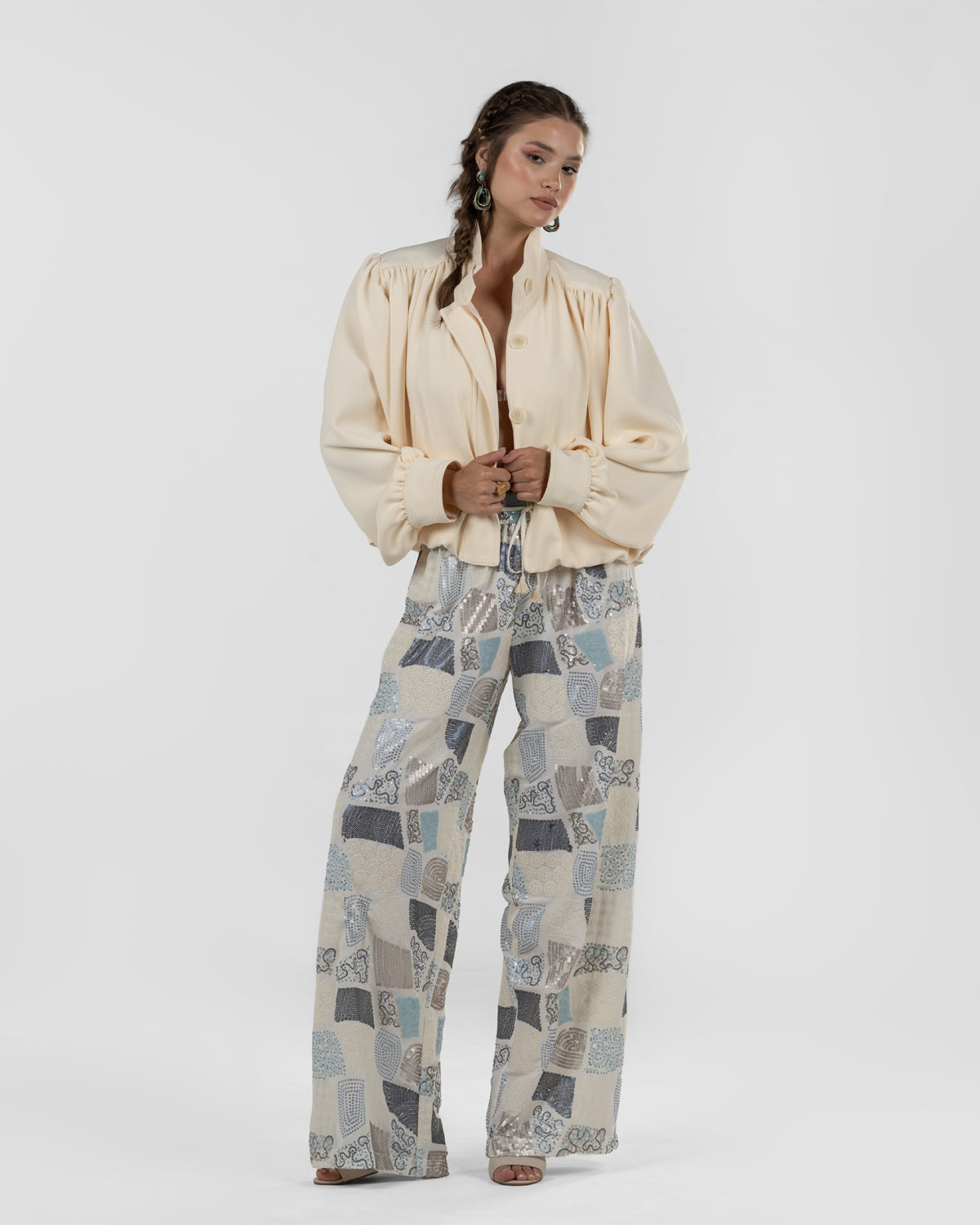 Playful Off-White Printed Wide-Leg Pants
