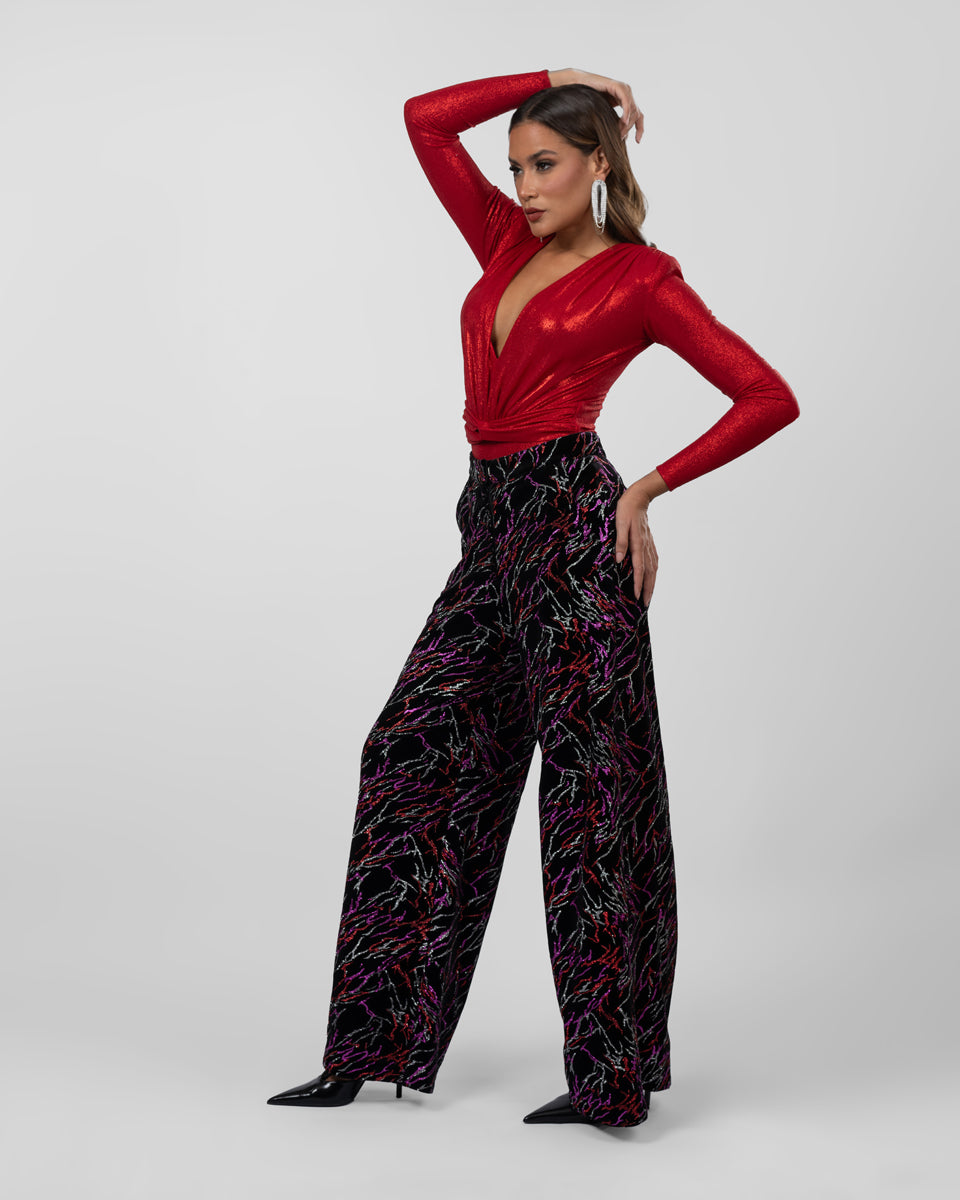 Black Multi-Color Abstract Wide-Leg Pants