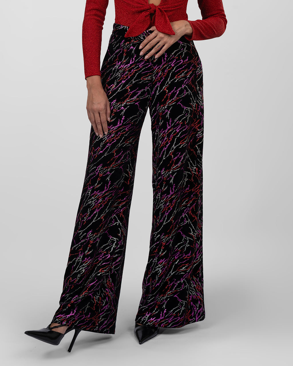 Black Multi-Color Abstract Wide-Leg Pants