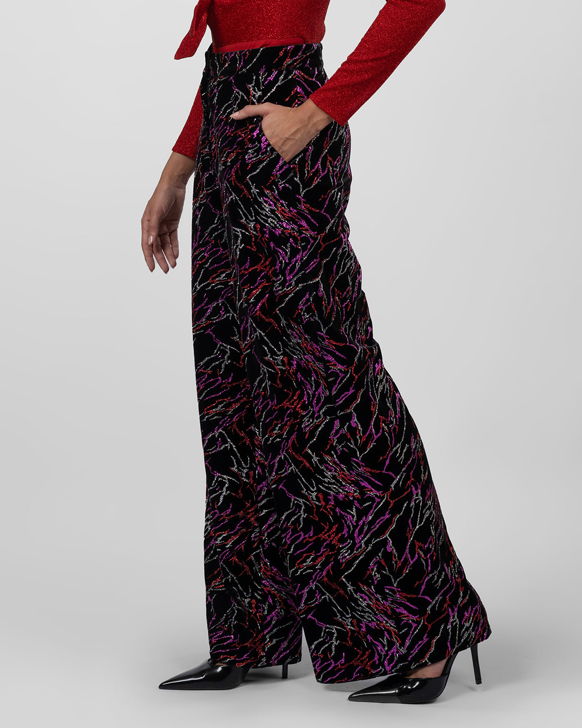 Black Multi-Color Abstract Wide-Leg Pants