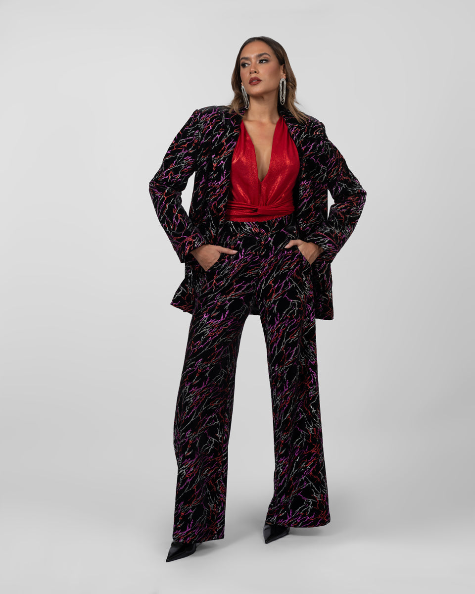 Black Multi-Color Abstract Wide-Leg Pants