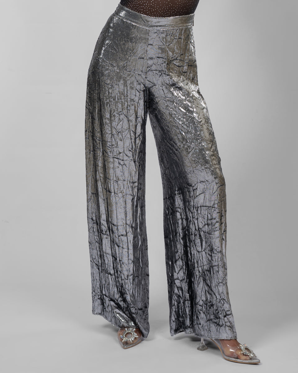 Silver Crushed-Texture Wide-Leg Pants