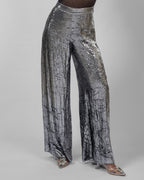 Silver Crushed-Texture Wide-Leg Pants