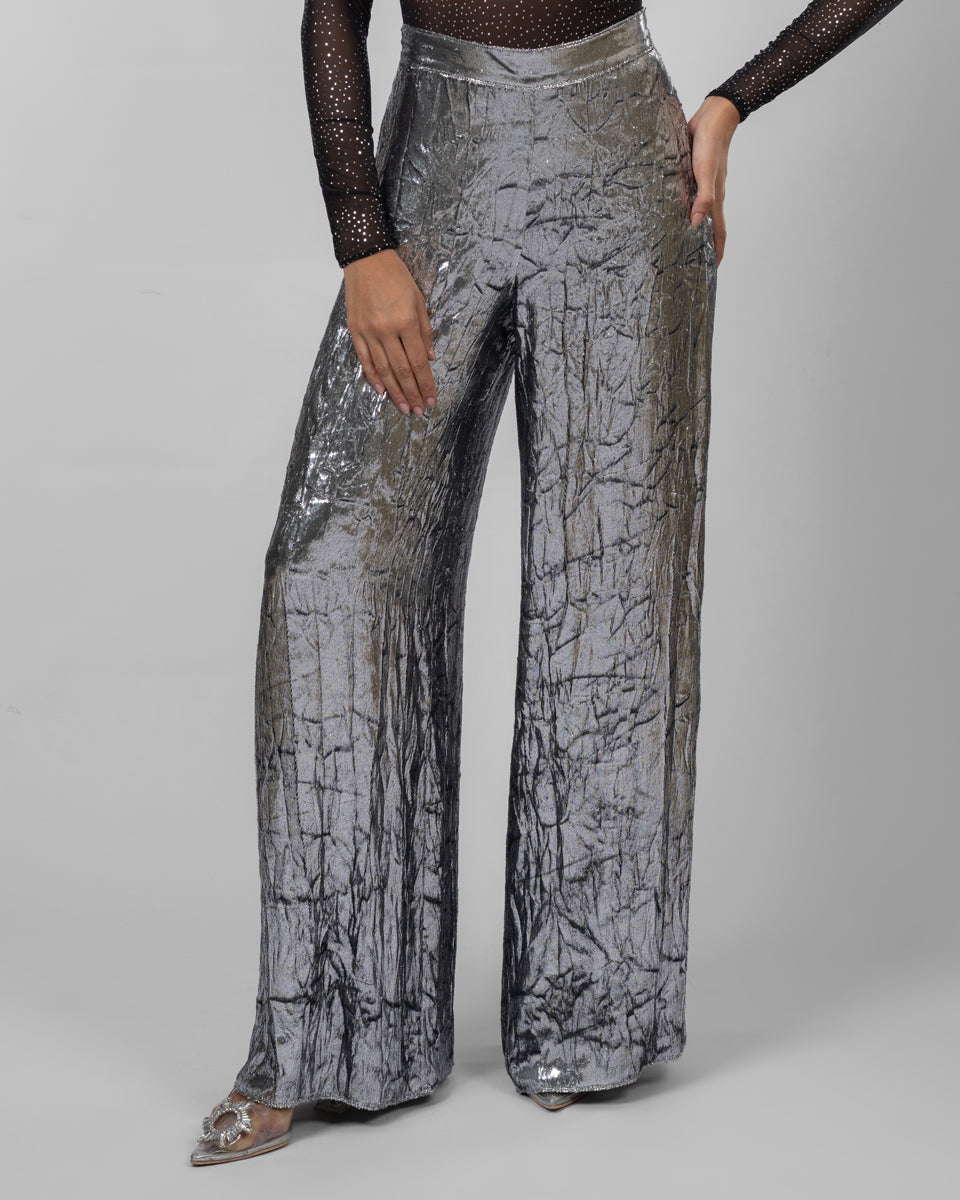 Silver Crushed-Texture Wide-Leg Pants