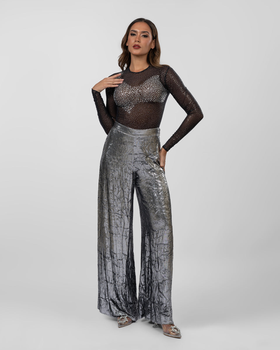 Silver Crushed-Texture Wide-Leg Pants
