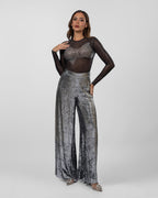 Silver Crushed-Texture Wide-Leg Pants