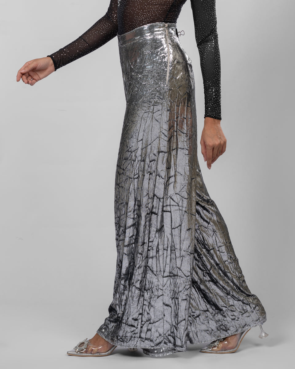 Silver Crushed-Texture Wide-Leg Pants