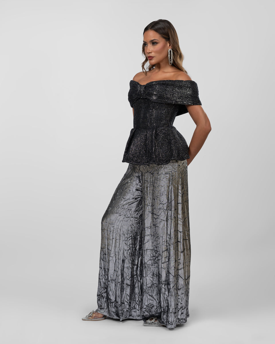 Silver Crushed-Texture Wide-Leg Pants