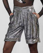 High-Waist Metallic Silver Pleated Shorts