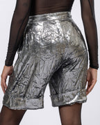 High-Waist Metallic Silver Pleated Shorts