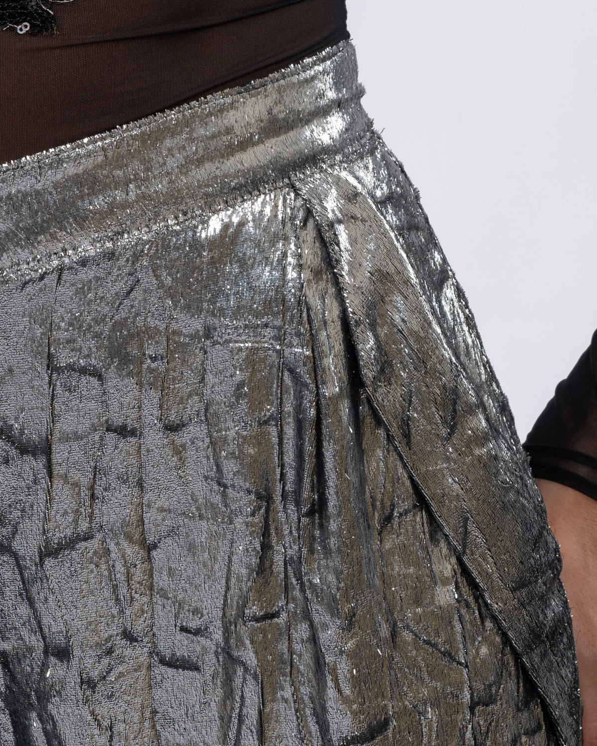 High-Waist Metallic Silver Pleated Shorts