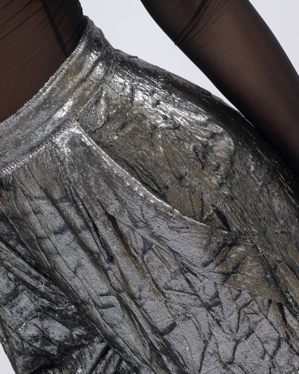 High-Waist Metallic Silver Pleated Shorts
