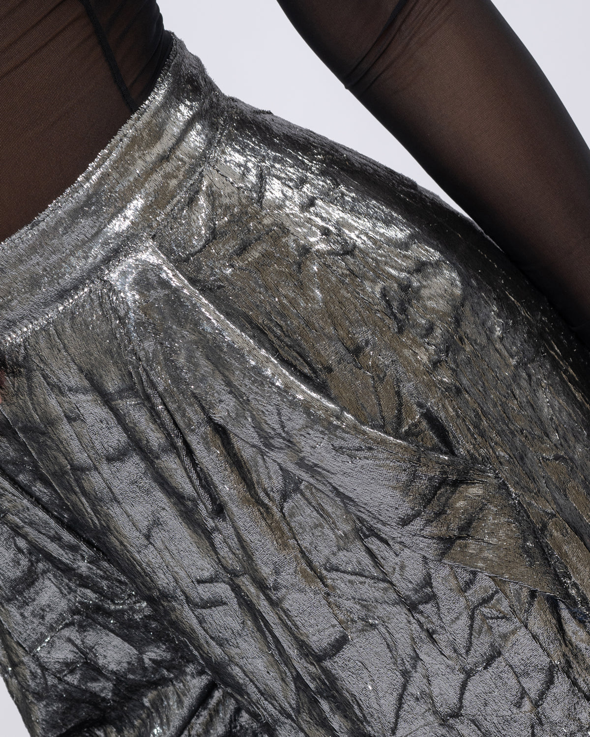 High-Waist Metallic Silver Pleated Shorts