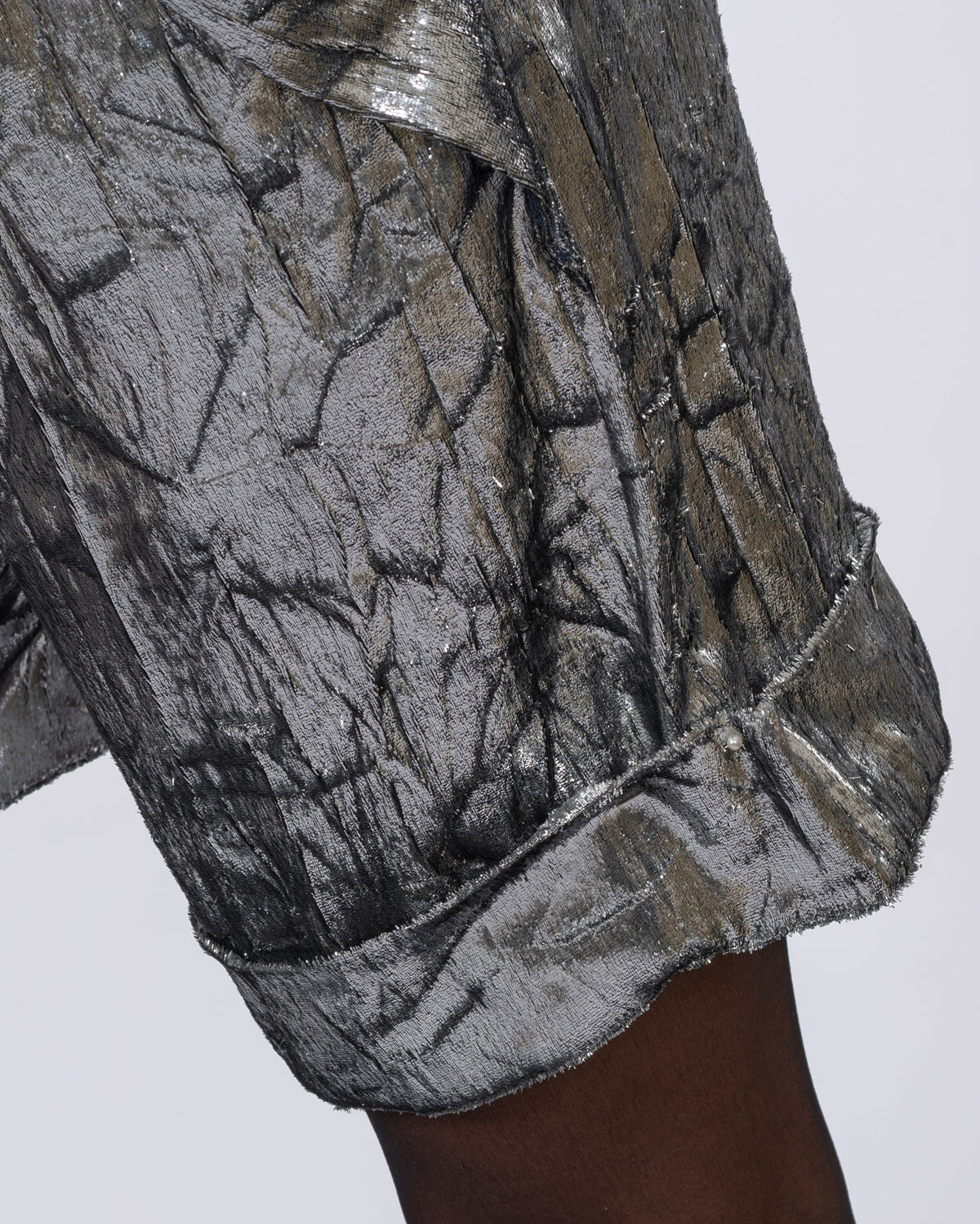 High-Waist Metallic Silver Pleated Shorts