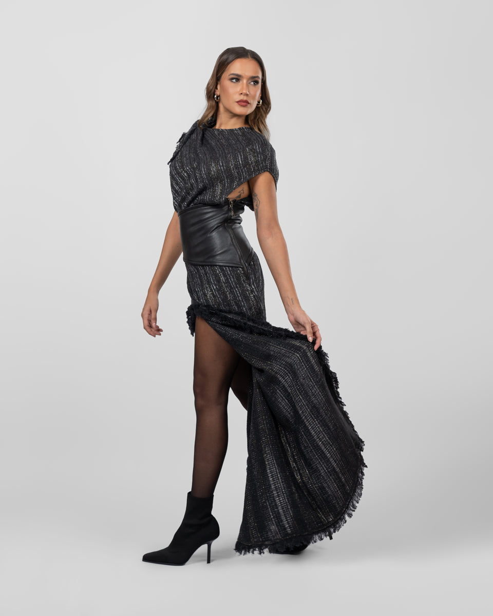 Asymmetric dress with leather belt