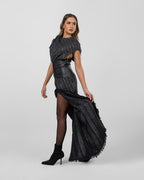 Asymmetric dress with leather belt