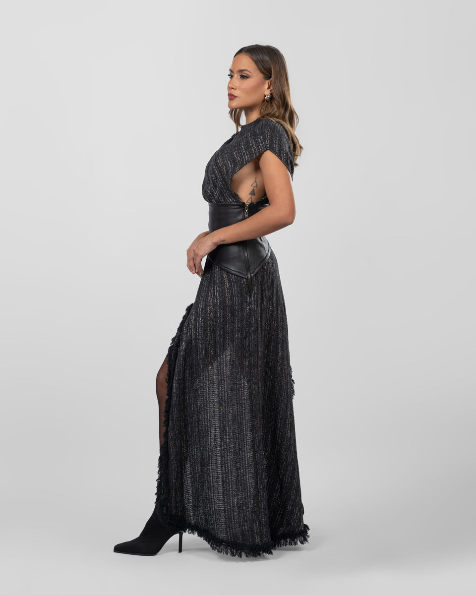 Asymmetric dress with leather belt