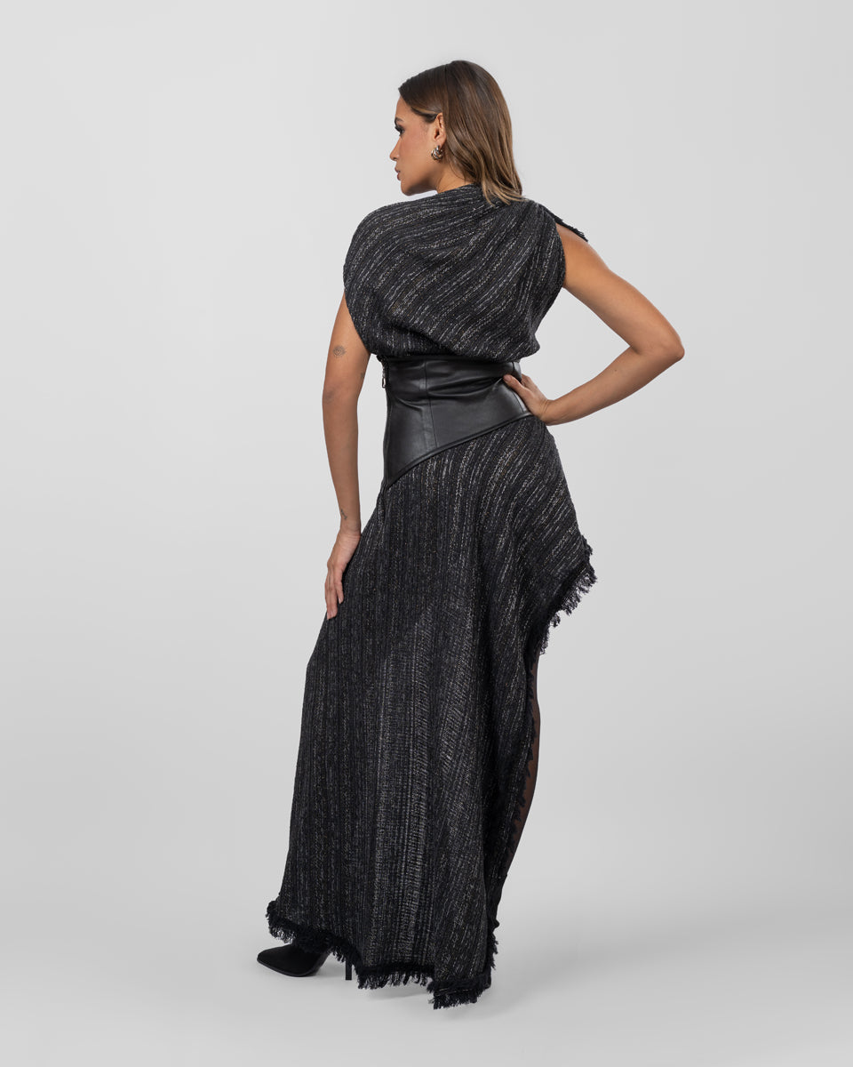 Asymmetric dress with leather belt