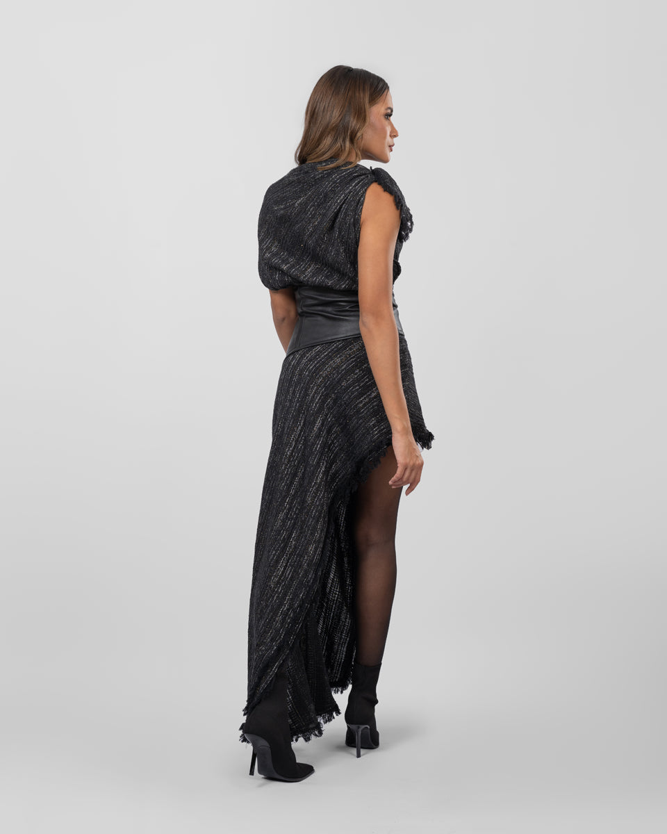 Asymmetric dress with leather belt