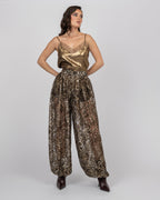 French leopard lace balloon trousers in gold tones