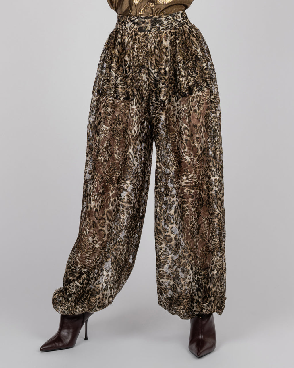 French leopard lace balloon trousers in gold tones