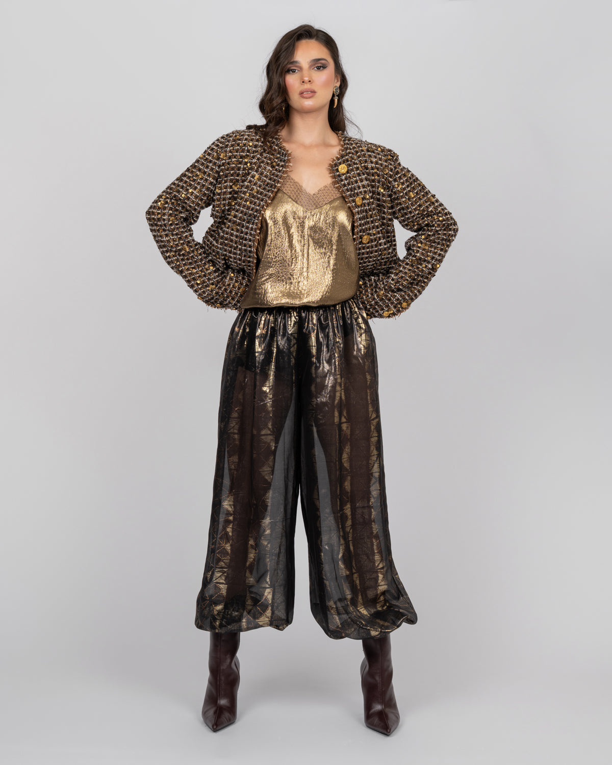 Sheer black silk balloon trousers