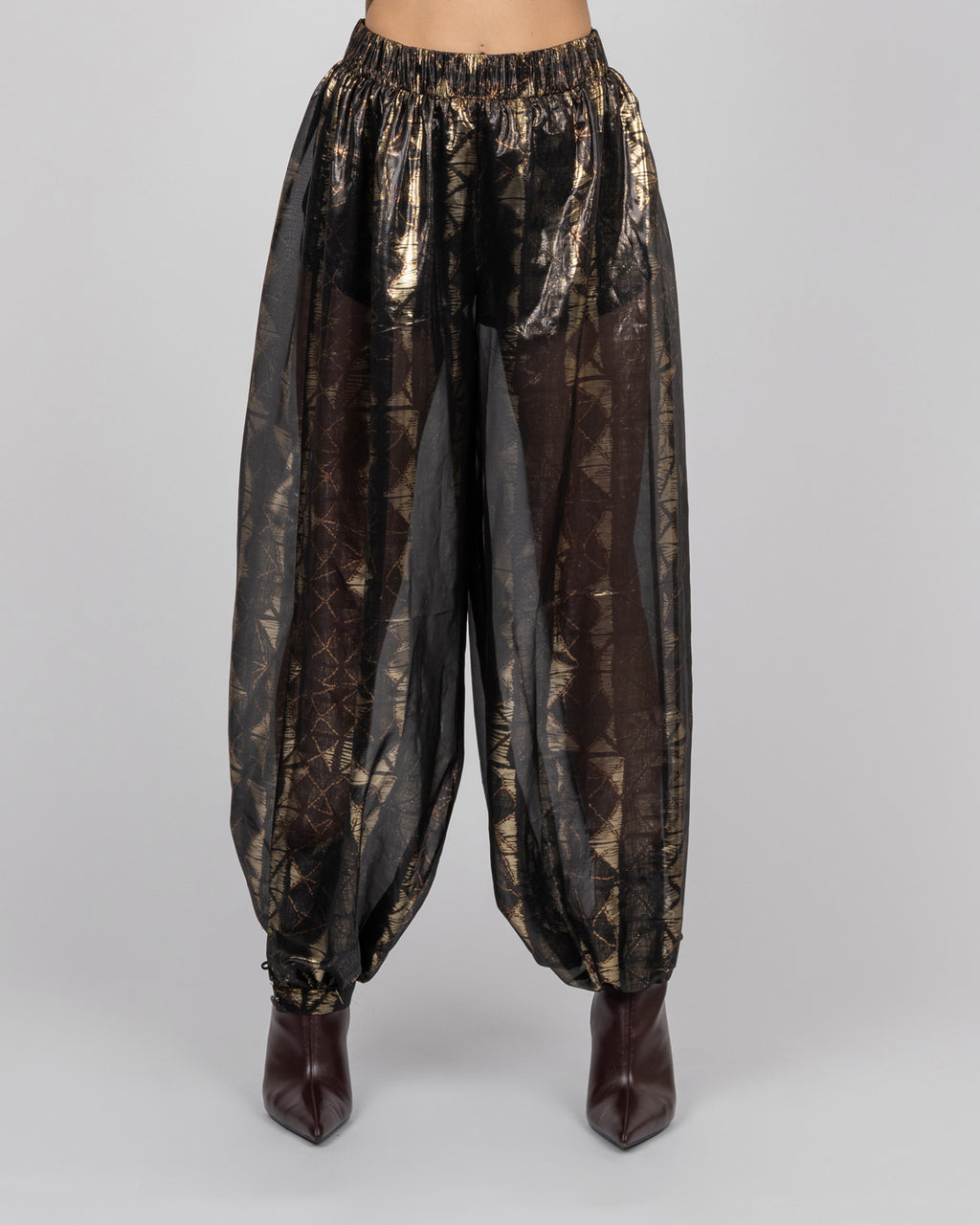 Sheer black silk balloon trousers