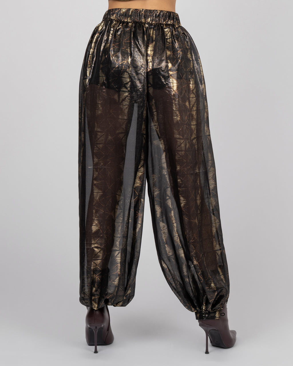 Sheer black silk balloon trousers