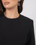 Fitted Crepe Dress with Balloon Faux Fur Hem