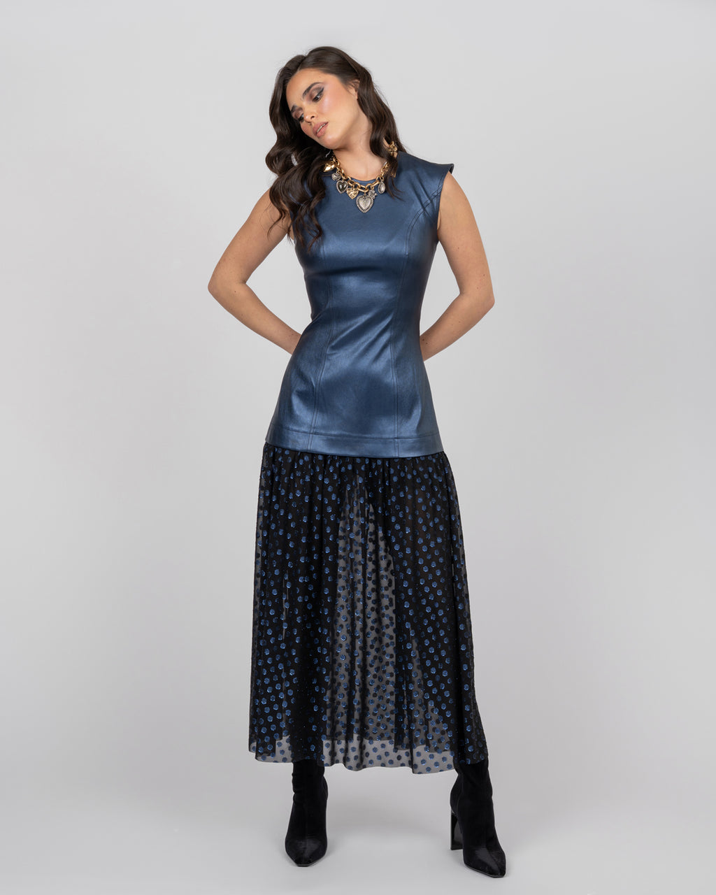 Metallic Blue Corset Midi Dress
