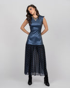 Metallic Blue Corset Midi Dress