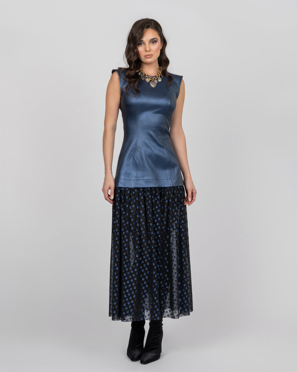 Metallic Blue Corset Midi Dress