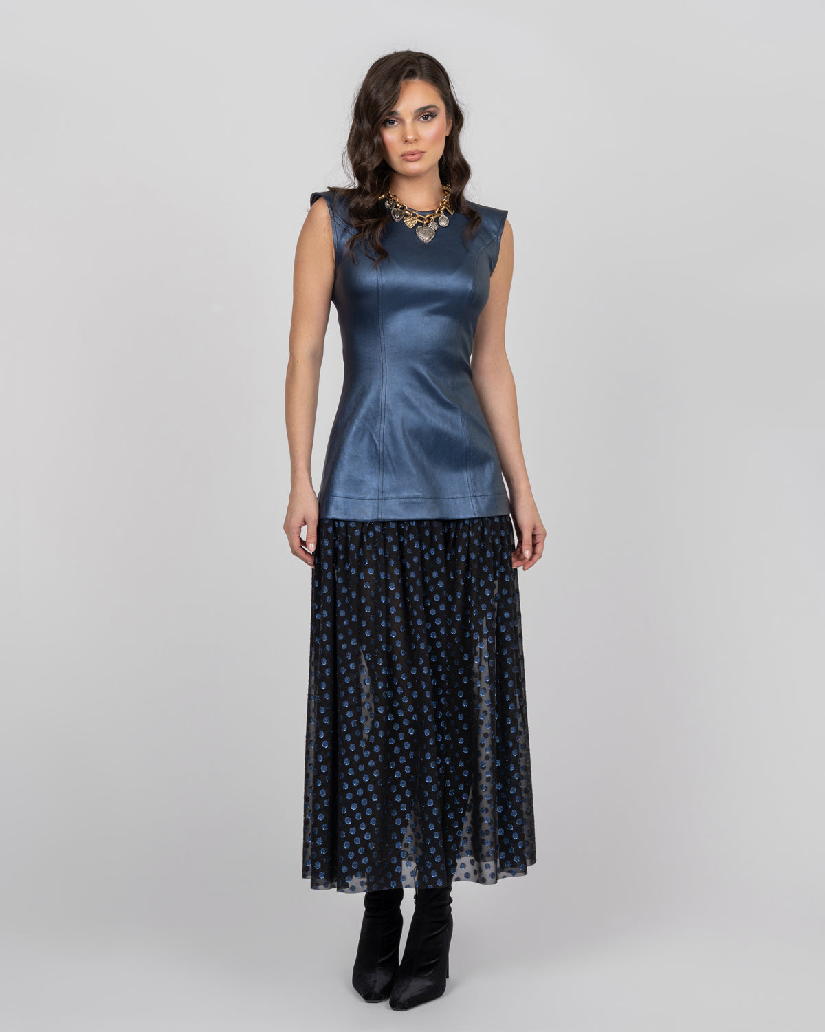 Metallic Blue Corset Midi Dress