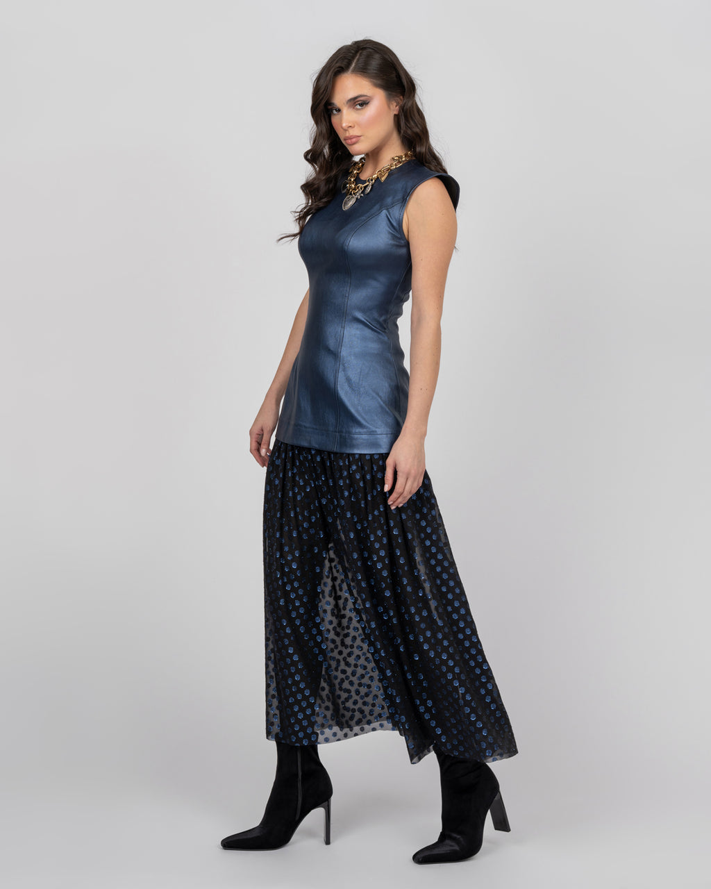 Metallic Blue Corset Midi Dress