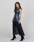 Metallic Blue Corset Midi Dress