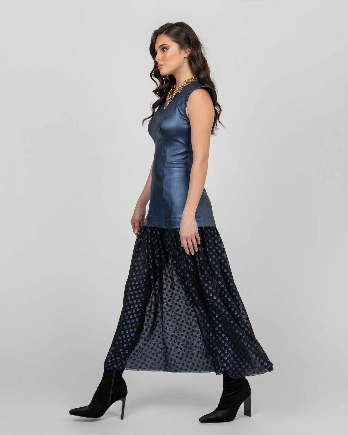 Metallic Blue Corset Midi Dress