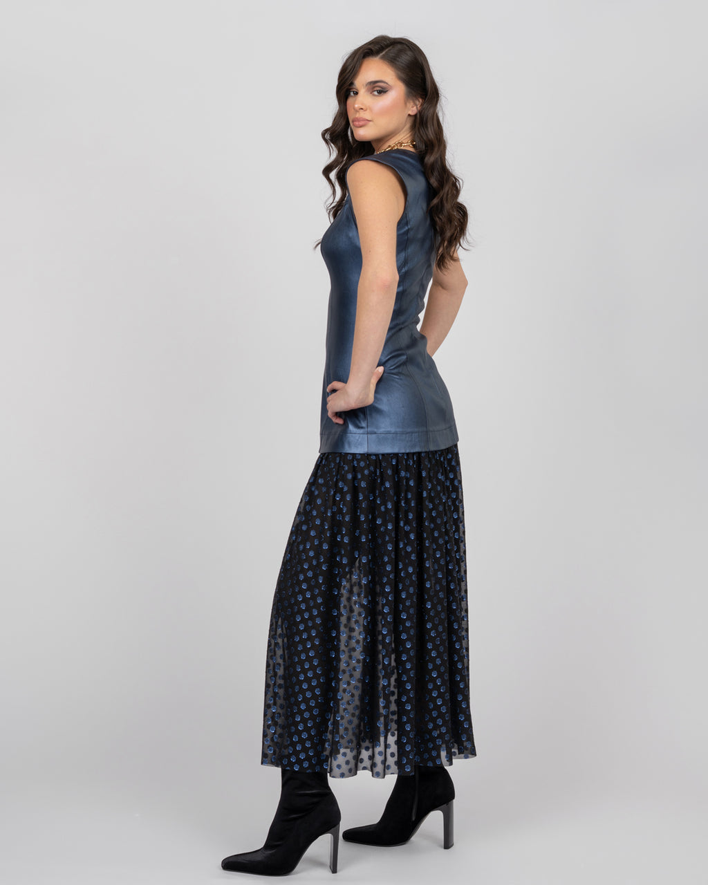 Metallic Blue Corset Midi Dress