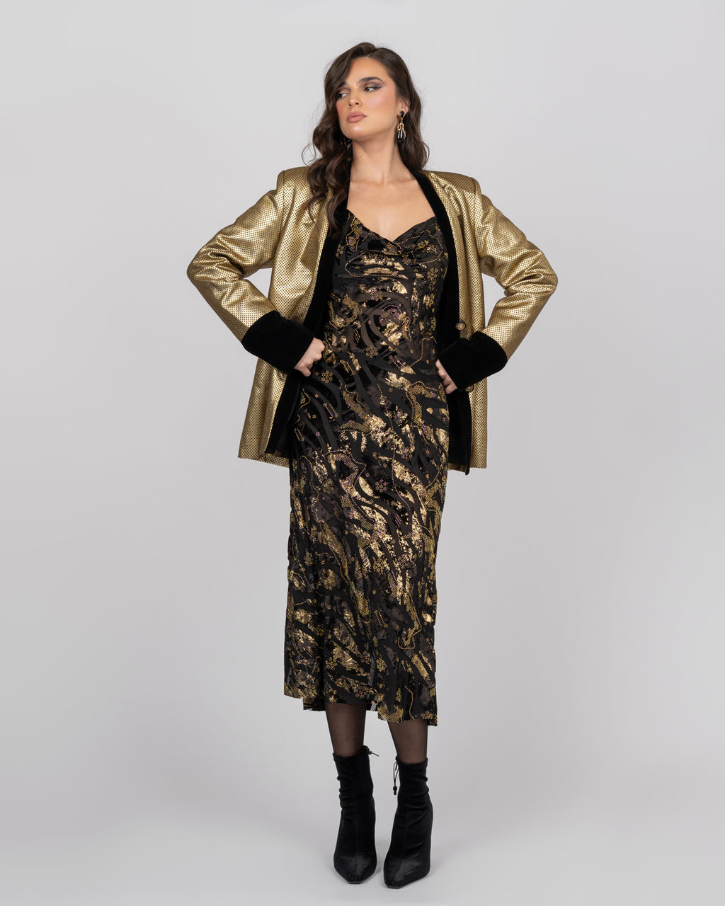 Luxury Silk Midi Dress with Gold Accents