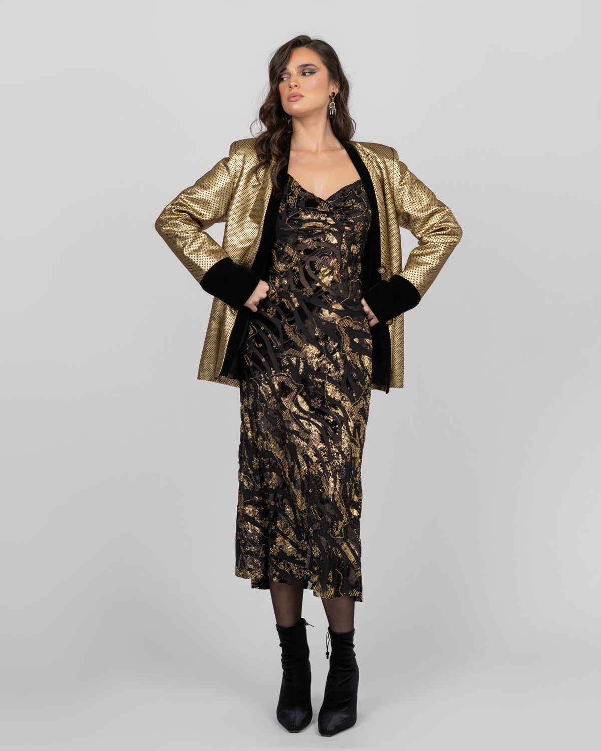 Luxury Silk Midi Dress with Gold Accents