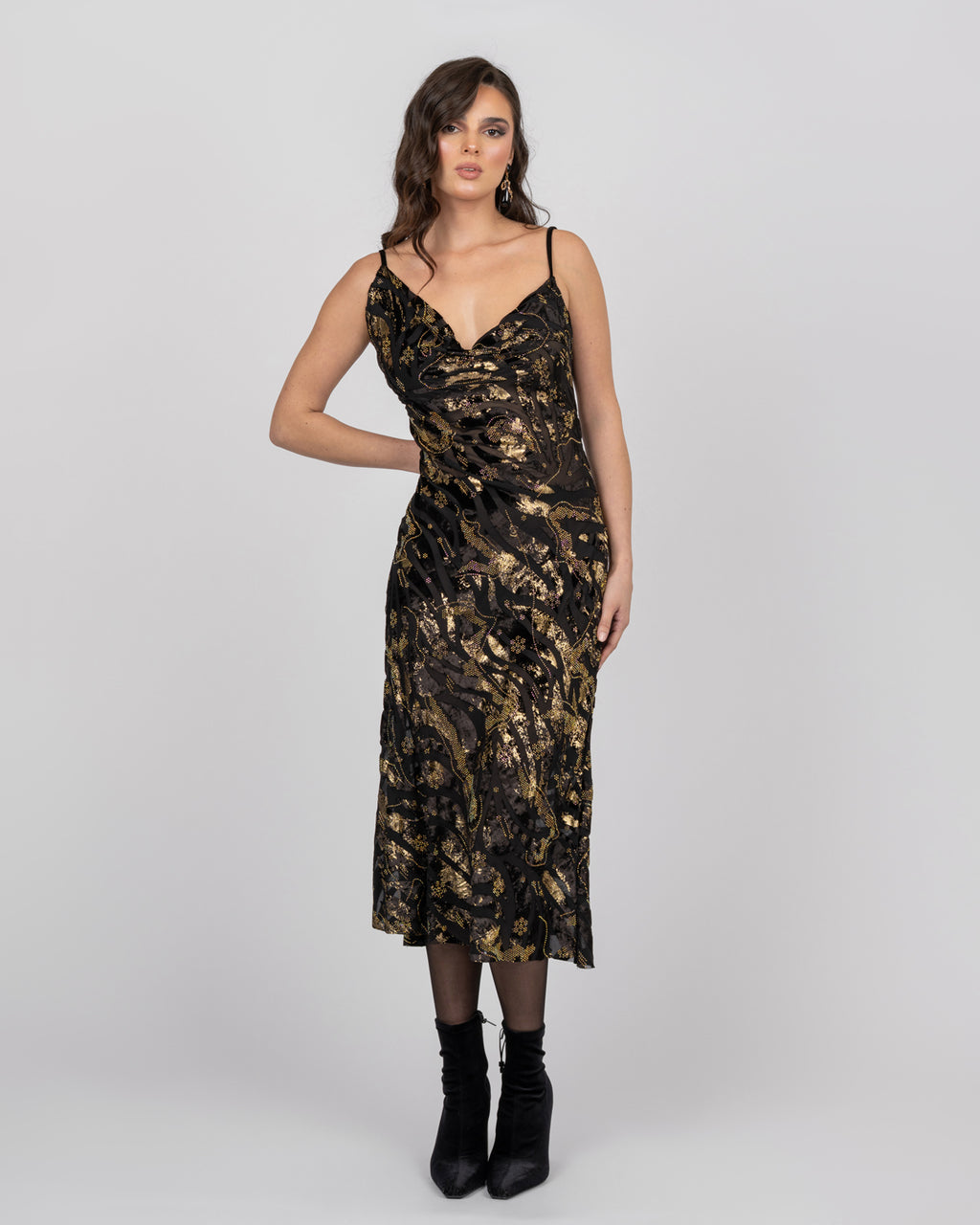 Luxury Silk Midi Dress with Gold Accents