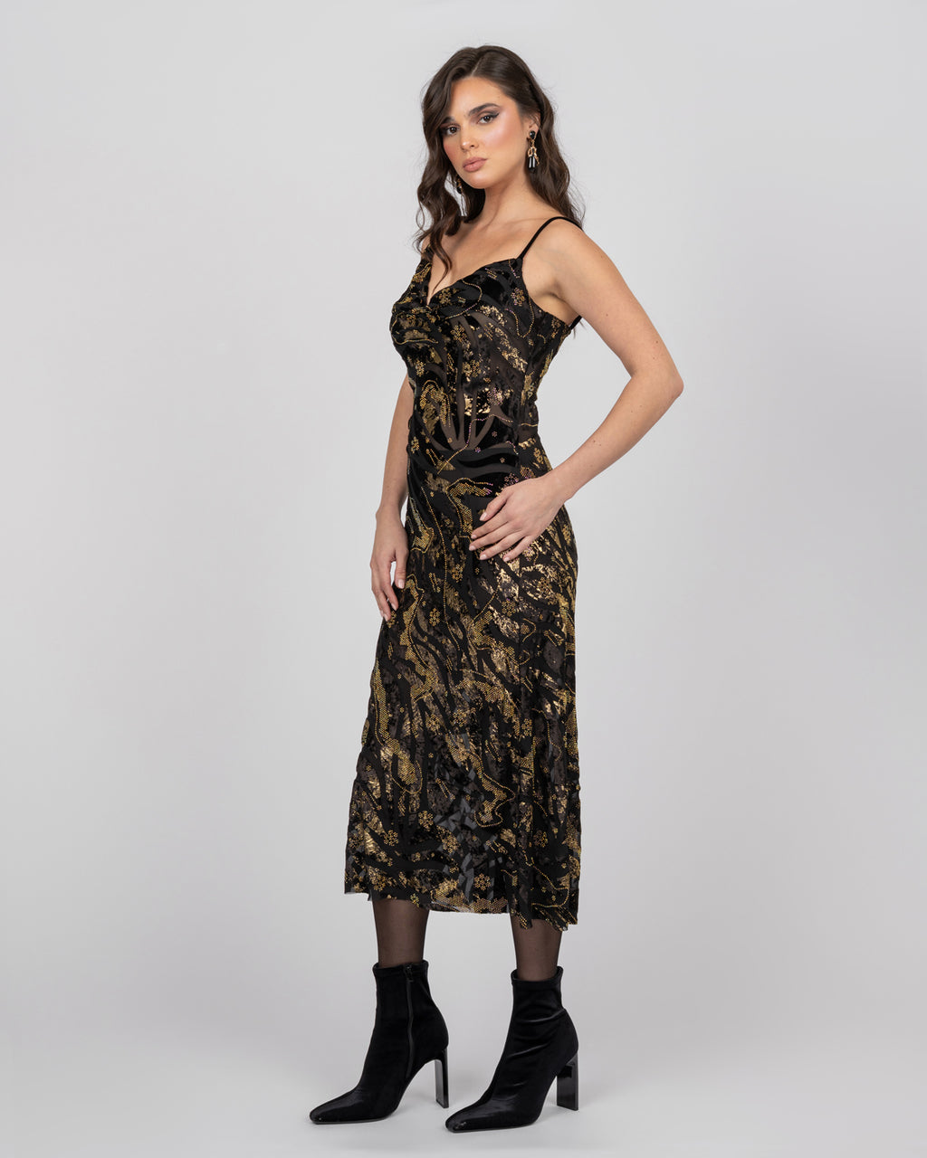 Luxury Silk Midi Dress with Gold Accents