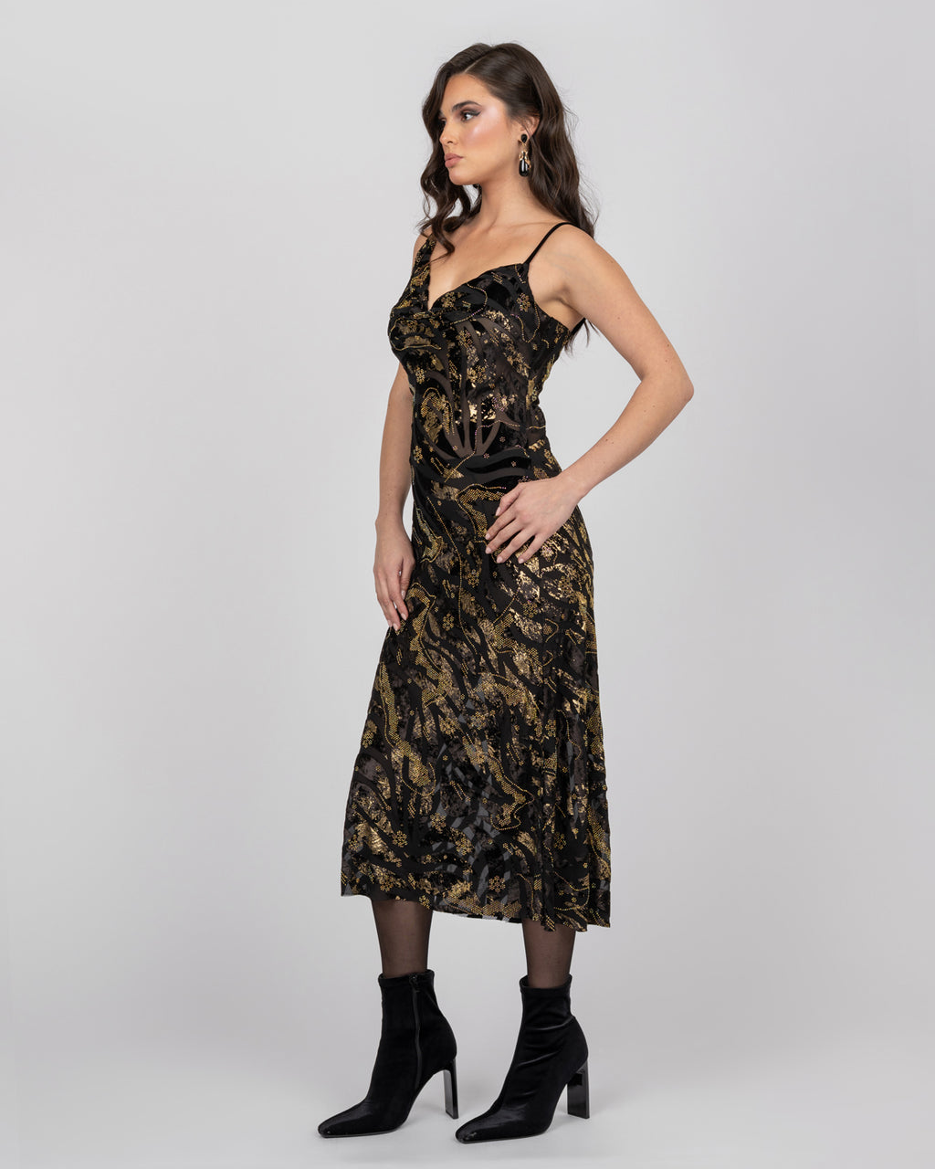 Luxury Silk Midi Dress with Gold Accents