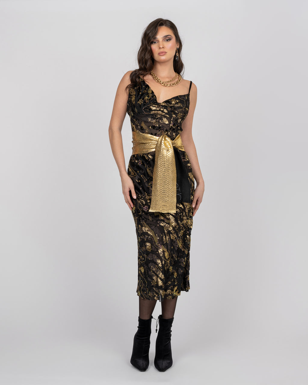 Luxury Silk Midi Dress with Gold Accents