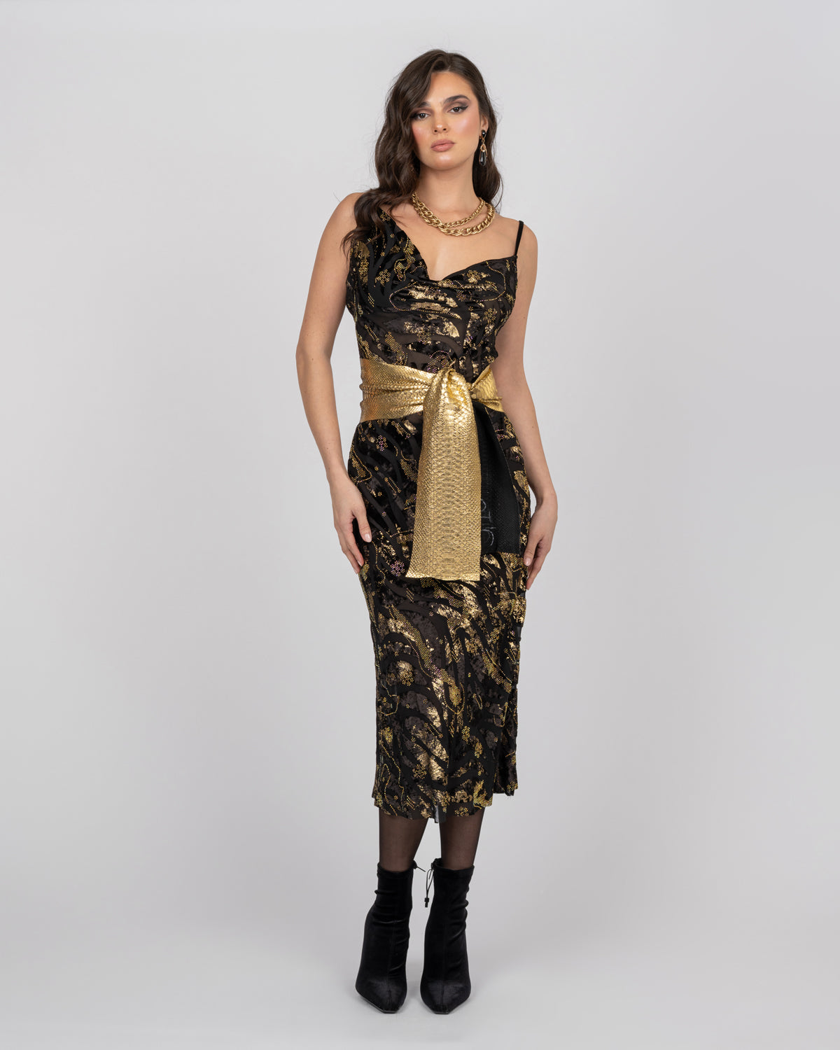 Luxury Silk Midi Dress with Gold Accents